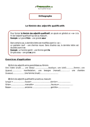 Le féminin des adjectifs qualificatifs - Cours CM1