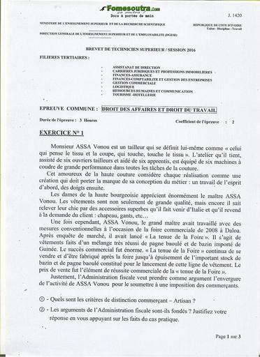 Sujet Droit des affaires et droit du travail - Filières Tertiaires BTS 2016 by Tehua