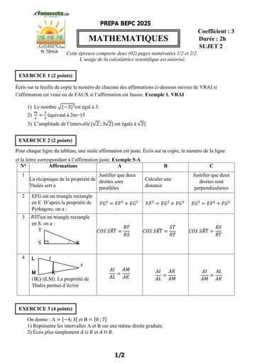 PREPA BEPC 2025  MATHS FICHE 2 BY TEHUA