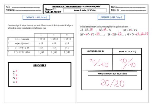 Barème Interrogation commune MATHS 3ième 19 février 2024 By Tehua