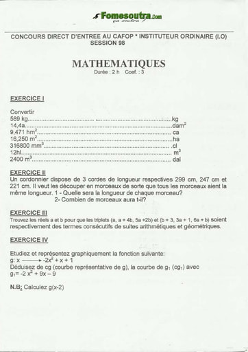 Sujet de Maths CAFOP 1998