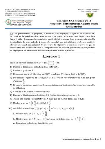 Sujet de Mathématique 1 concours CAE 2016