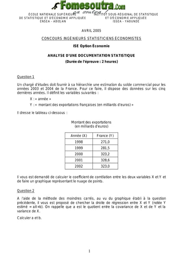 Sujet Analyse d'une documentation statistique ISE option économie 2005 (ENSEA - ISSEA)