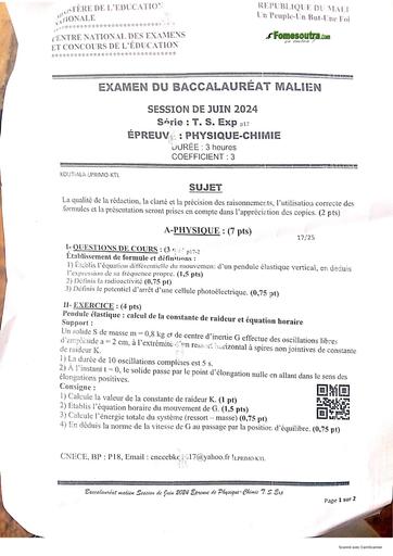 Sujet PC bac 2024 Mali BY TEHUA
