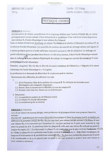Sujet de Physique-Chimie Première C Lycée Classique Abidjan 2023