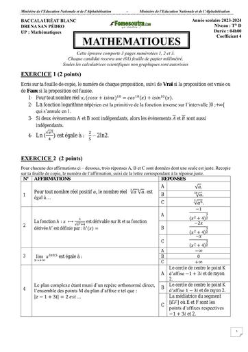 SUJET 1 MATHS BAC BLANC SERIE D 2024 dren san Pedro by Tehua