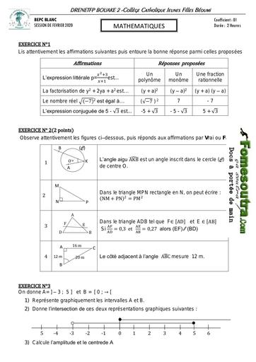 Sujet de Mathématiques BEPC blanc 2020 - Collège Catholique Jeunes Filles Béoumi (DRENETFP BOUAKE 2)