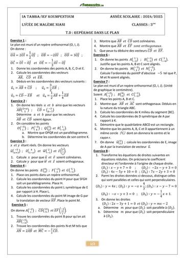 FICHE DE TD Repérage dans le plan NIVEAU MATHS 3ième BY TEHUA