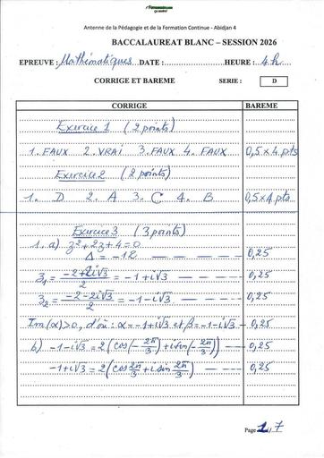BAC blanc FEVRIER 2026 MATHS SERIE D BAREME Drena ABIDJAN 4 By TEHUA