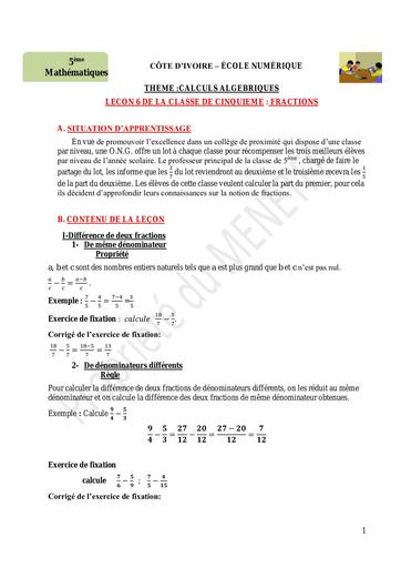 MATH 5eme Léçon 6 FRACTION