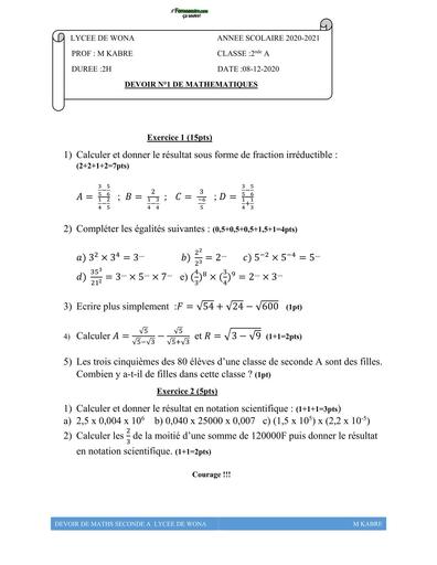 DEVOIR DE MATHS 2nde A LYCEE DE WONA 2021 BY TEHUA