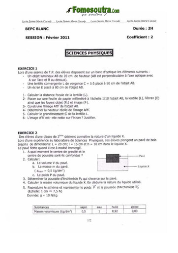 Sujet de Physique Chimie BEPC blanc 2011 Lycée Sainte Marie de Cocody