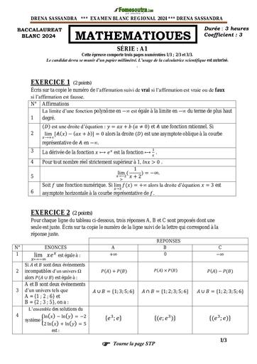 BAC Blanc 2024 serie A1 MATHS dren sassandra by Tehua