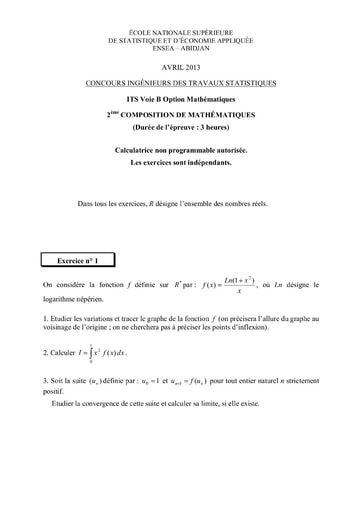 Sujet 2ème épreuve de maths ITS B option Maths 2013 (ENSEA)