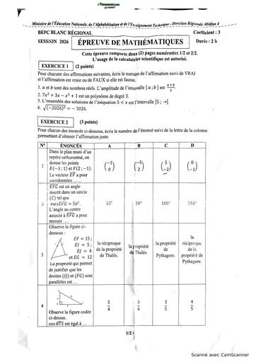 BEPC BLANC 2026 DRENA ABIDJAN 4 SUJET MATHS (SUJET) by TEHUA