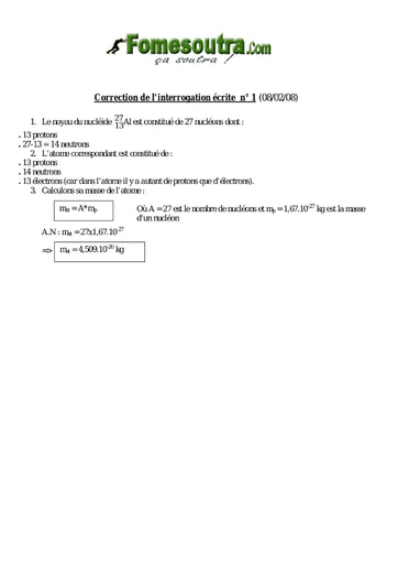 Corrigé Interrogation 2 de Chimie niveau 2nd C