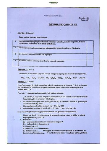 Sujet de Chimie Niveau Première D Lycée Classique Abidjan 2022-2023