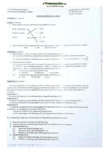 Sujet de Physique-Chimie Terminale D Lycée Classique Abidjan