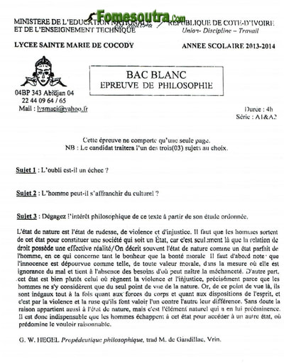 Sujet de Philo BAC blanc 2014 série A1 et A2 Lycée Sainte Marie de Cocody