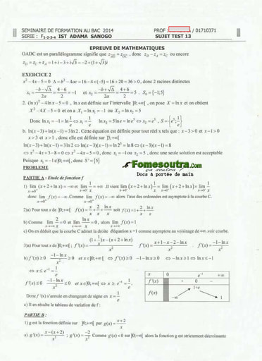 Corrigé du sujet de Maths BAC blancs série F1, F2, F3, F4 ADAMA SANOGO 2014