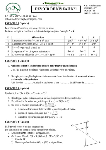 Devoir de Mathématiques niveau 3eme - Collège ERNEST BLEU VOUA DE GBONNE - Année scolaire 2021-2022