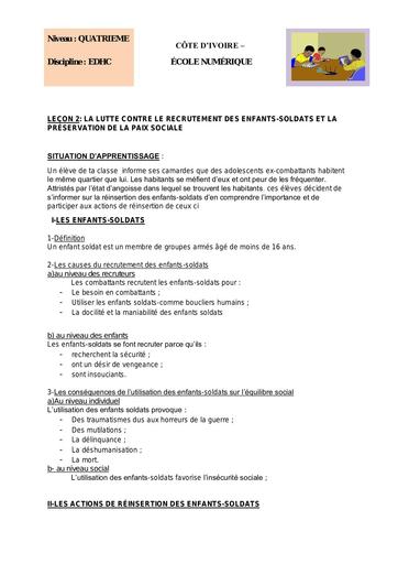 EDHC 4ème L 2 LA LUTTE CONTRE LE RECRUTEMENT DES ENFANTS SOLDATS ET LA PRÉSERVATION DE LA PAIX SOCIALE