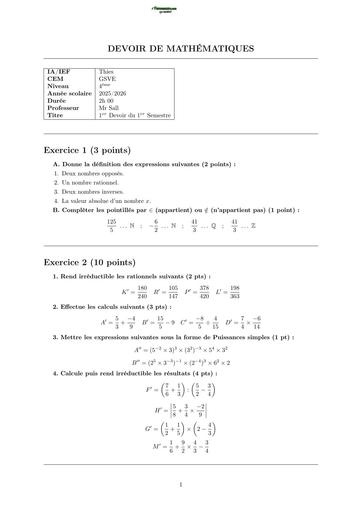 DEVOIR DE MATHS NIVEAU 4ième THIES SENEGAL 2026 BY TEHUA