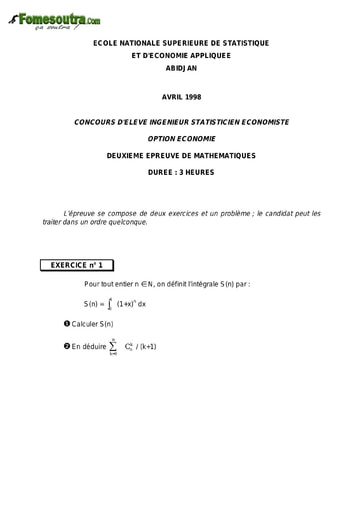 Sujet 2ème épreuve de maths ISE option économie 1998 (ENSEA)