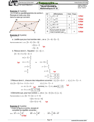 Devoir (2) corrigé de Mathématiques niveau 2ndeC année scolaire 2019/20 - Lycée Municipal Koumassi