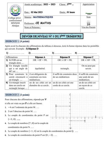 DEVOIR DE NIVEAU MATHS 5ième TRIMESTRE 3 HINNEH 2023 BY TEHUA