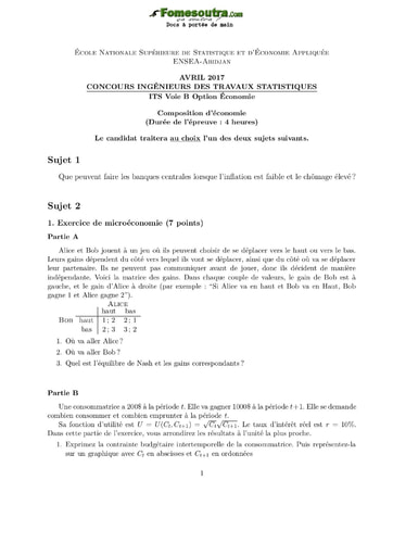 Sujet corrigé d'Economie ITS B option Economie 2017 (ENSEA)