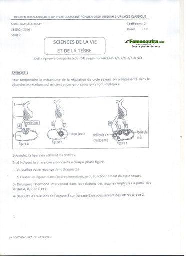 Sujet de SVT BAC blanc 2016 série D Lycée Classique d'Abidjan