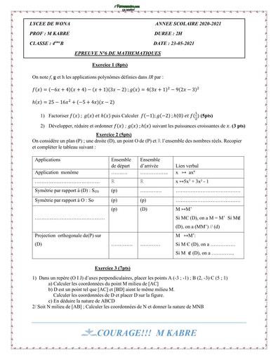 DEVOIR DE MATHS NIVEAU 4ième LYCEE DE WONA 2021 N°6 BY TEHUA