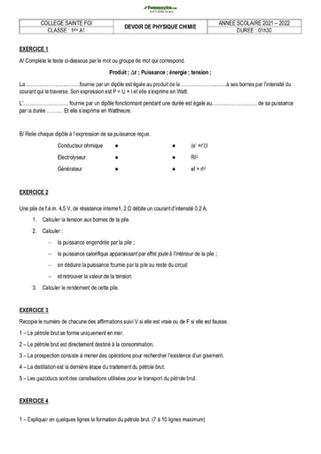 Devoir de Physique-Chimie Première A Collège Sainte Foi Abidjan 2021-2022