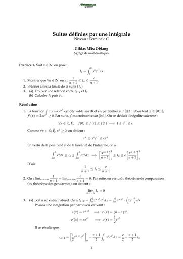 EXERCICE CORRIGES MATHS Tle C SUR Suite et intégrale BY TEHUA