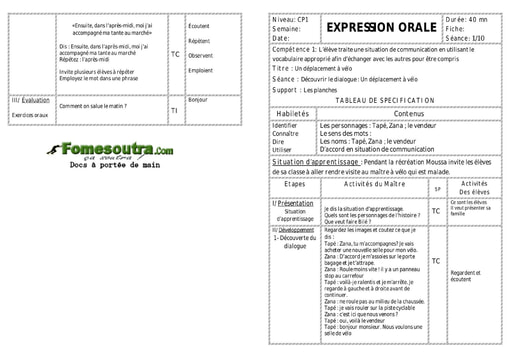 Un déplacement à vélo - Fiche pour enseignant CP1