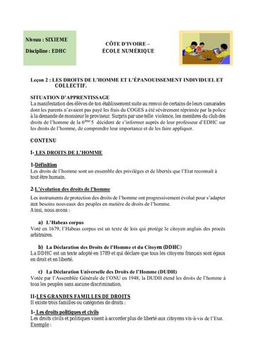 EDHC 6ème L2 LES DROITS DE L’HOMME ET L’ÉPANOUISSEMENT INDIVIDUEL ET COLLECTIF