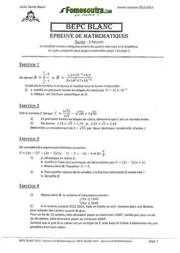 Sujet de Maths BEPC blanc 2013 Lycée Sainte Marie de Cocody