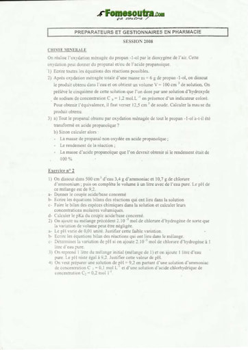 Sujet Chimie Préparateur et Gestionnaire en Pharmacie INFAS 2008