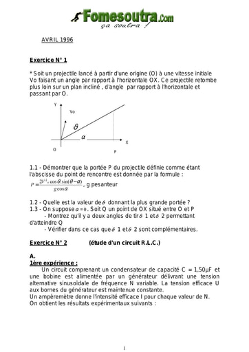 Sujet de Physique chimie ASECNA avril 1996