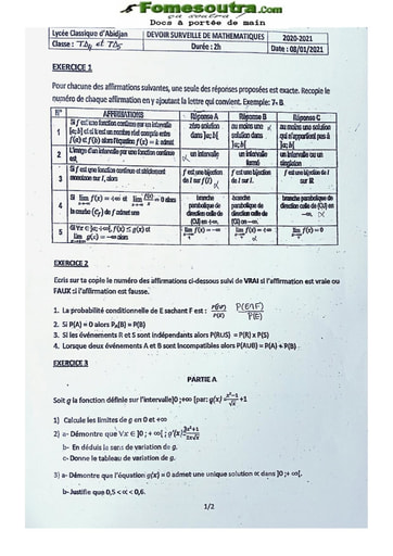 Collections de sujets de Mathématiques série D Lycée Classique d'Abidjan