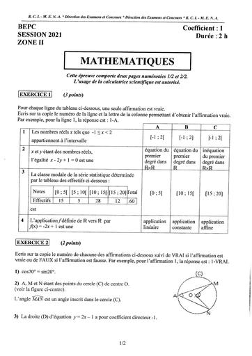 EPREUVE BEPC 2021 MATHEMATIQUES Zone 2 COTE D'IVOIRE by Tehua