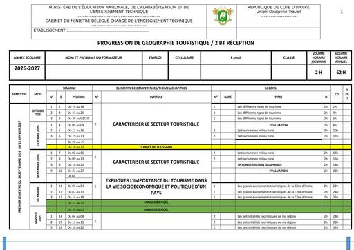 PROGRESSION 2026 27 2BT GEOGRAPHIE TOURISTIQUE by TEHUA