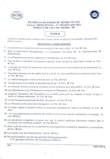 EXAM DIVERSTÉ Du Monde Vivant CBG1 S1 2022(UFHB).pdf