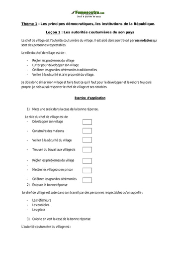 Les autorités coutumières de son pays - EDHC CE1