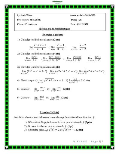 DEVOIR DE MATHS 1ière A LYCEE DE WONA by TEHUA