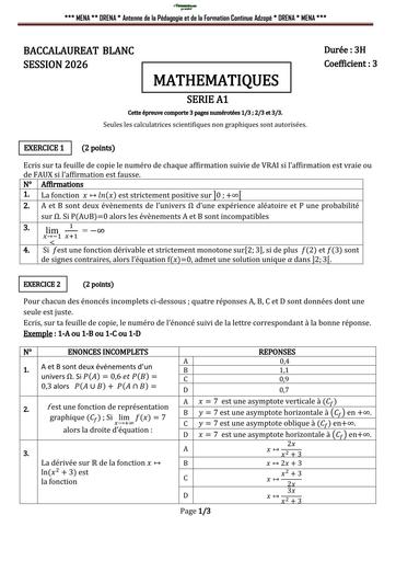 BAC BLANC 2026 DRENA ADZOPE SUJET MATHS SERIE A1 (SUJET) by TEHUA