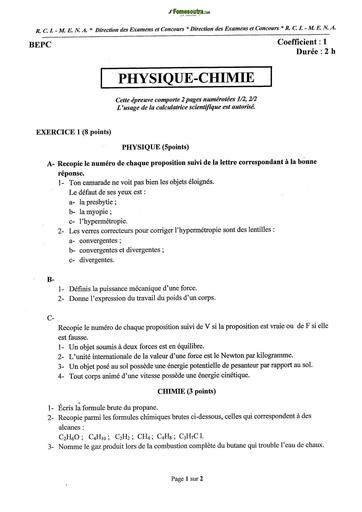 BEPC 2025 EPREUVE DE PHYSIQUE CHIMIE PROBABLE COTE D'IVOIRE BY TEHUA