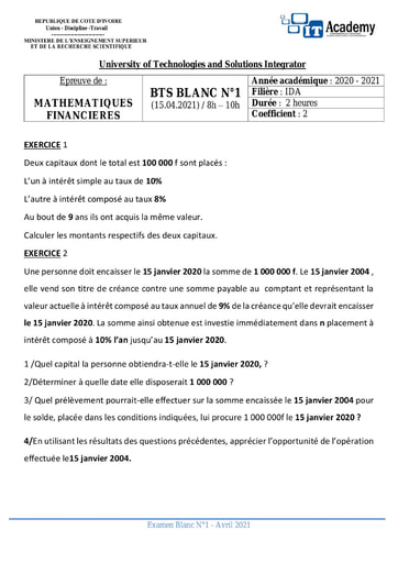 EPREUVE DE MATHEMATIQUES FINANCIERES IDA