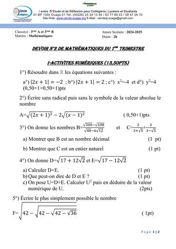 DEVOIR DE MATHS 3ème Math D1T2 2024 2025 by TEHUA